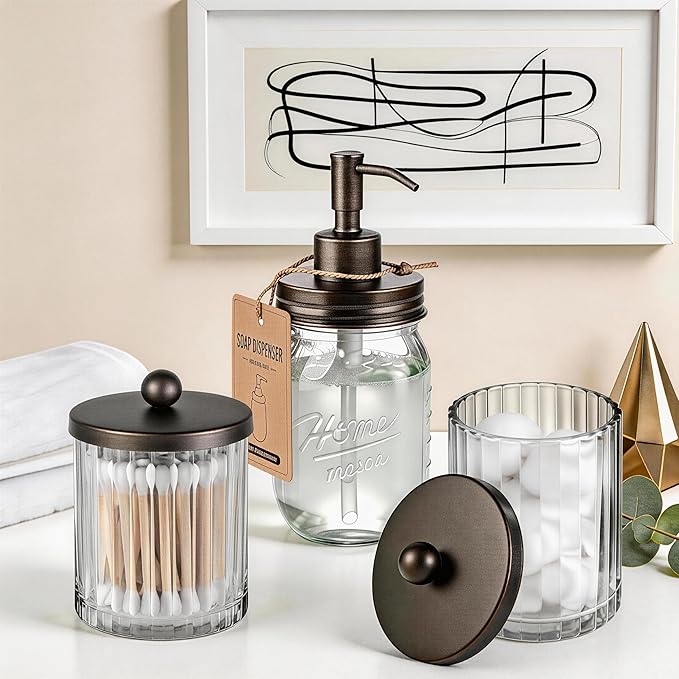 Amolliar Apothecary Jars Bathroom Vanity Storage Organizer Set, Countertop Canister with Stainless Steel Lid & Cute Stickers, Qtip Holder Dispenser for Cotton Swabs, Balls, Makeup Pads(Bronze, 2 Pack)