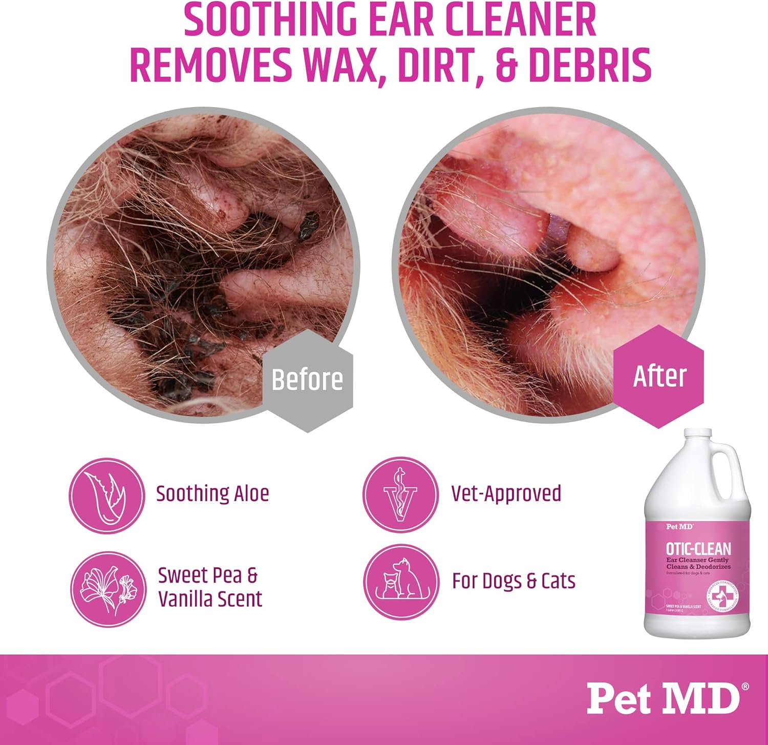 Pet MD Otic-Clean Dog Ear Cleaner - Veterinarian-Formulated Otic Ear Solution for Dogs & Cats - Pet Ear Cleaner for Itch, Odor, & Wax Buildup - Deodorizing Cat Ear Cleaner Solution - 1 Gallon