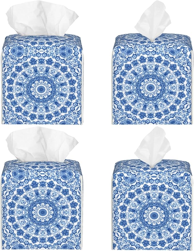 Boho Mandala Flower Tissue Box Cover Square, Blue and White Porcelain Floral Tissue Box Holder Waterproof Leather Facial Paper Organizer Dispenser for Bathroom Home Car Nightstand Vanity Desk