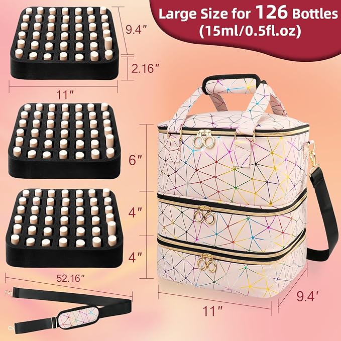 Nail Polish Organizer Bag Holds 126 Bottles (15ml/0.5fl.oz)& Nail Lamp, 3 Layers Detachable Nail Kit Storage Case PU Leather, Large Travel Nail Supplies Shoulder Bag for Manicure Tools (Pink)