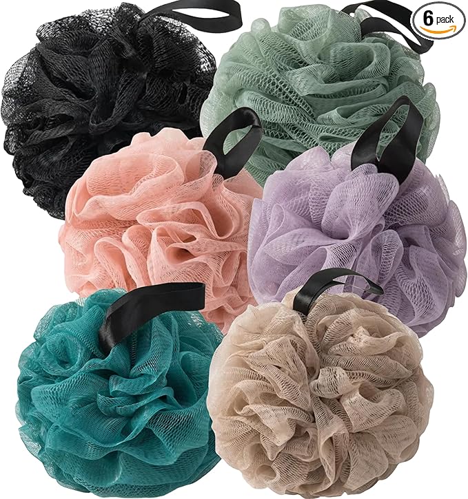 Loofah Sponges for Shower,Deep Tone 6 Pack - Black, Dark Green, Peacock Green, Khaki, Pink & Purple