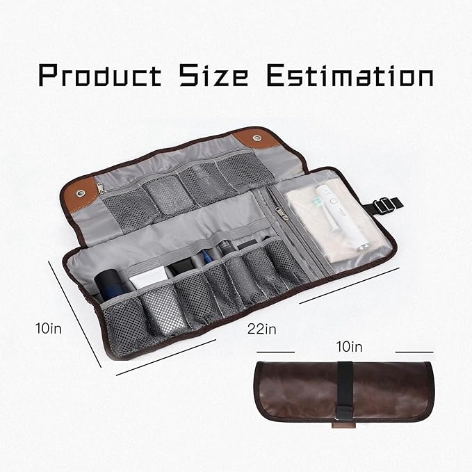 Men's Toiletry Travel Bag, Bathroom Bag For Traveling，Large 21-Inch Roll-Up Dopp Kit, Waterproof PU Leather Compact Organizer for Shaving & Bathroom Essentials