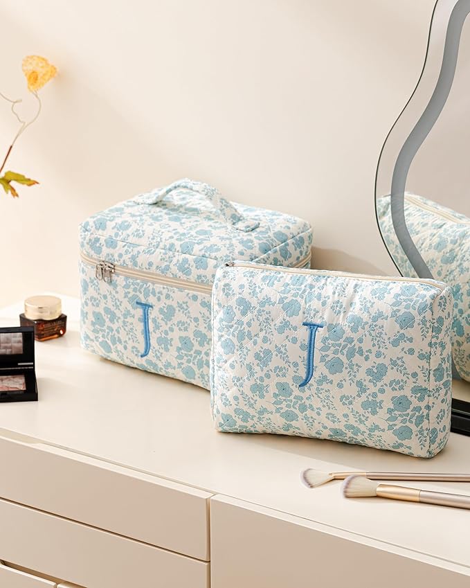 HBselect 2Pcs Initial Quilted Cotton Large Travel Cute Floral Coquette Makeup Cosmetic Toiletry Bag for Women Girls