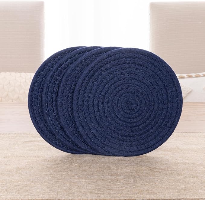 SHACOS 8 Inches Trivets for Hot Dishes, 4 Pieces Cotton Trivets Mats for Kitchen, Heat-Resistant Pot Holders for Countertops and Table, Hot Pads for Hot Pots and Pans, Navy Blue