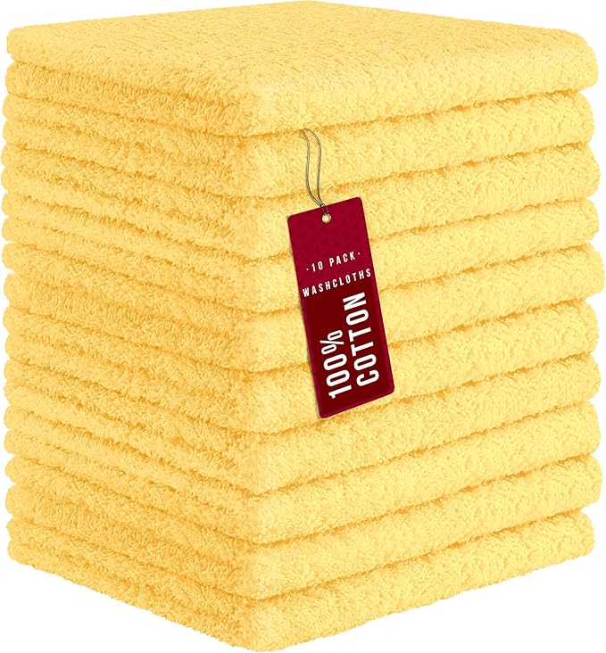 DecorRack 10 Pack 100% Cotton Wash Cloth, Luxurious Soft, 12 x 12 inch Ultra Absorbent, Machine Washable Washcloths, Cream Yellow (10 Pack)