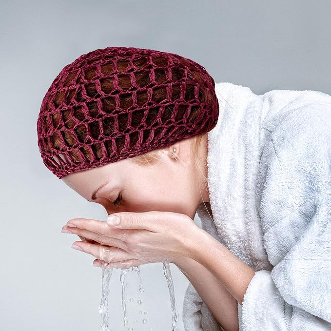 Geyoga 4 Pieces Mesh Crochet Hair Net Rayon Knit Snood Hat Thick Short Women Hairnet Snoods Cover Ornament for Sleeping (Black, Gray, Wine Red, Brown)