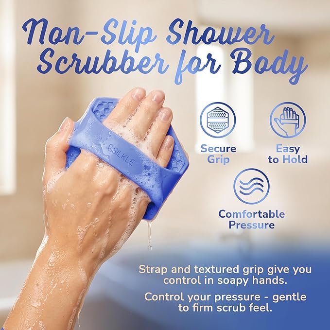 Silicone Body Scrubber – Gentle Exfoliating Shower Scrubber for Body & Bath, Silicone Shower Brush & Loofah Alternative – Non-Slip Silicone Body Brush, Quick Dry, Hygienic - Blue