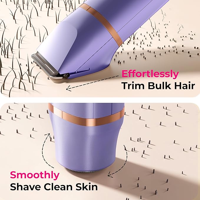 Bikini Trimmer for Women Pubic Hair: 2 in 1 Electric Razors for Women - Rechargeable Electric Shaver - IPX7 Waterproof Lady Shaver for Travel & Shower Use (Purple-Gold)