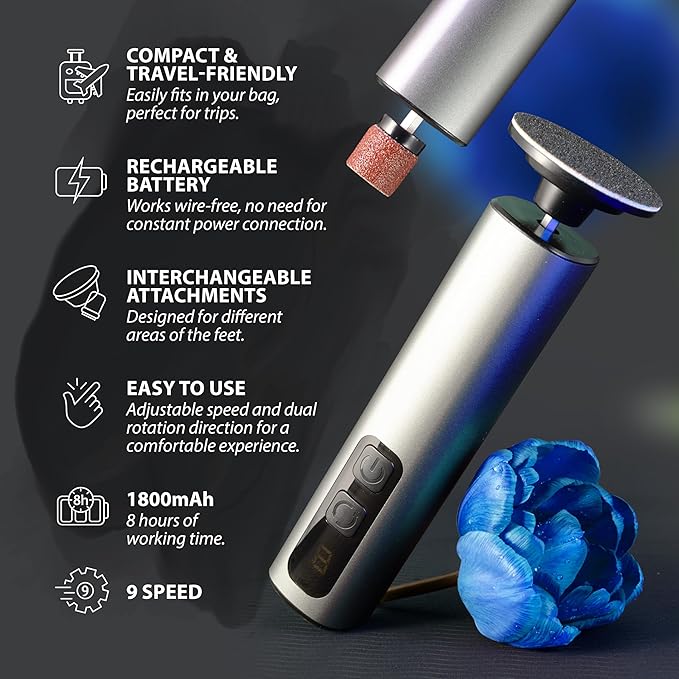 Electric Foot Callus Remover – Rechargeable Metal Foot File for Dead Skin & Cracked Heels – 9 Speed Professional Pedicure Tools with 60 Sanding Discs – Powerful Heel Scraper for Feet, Black