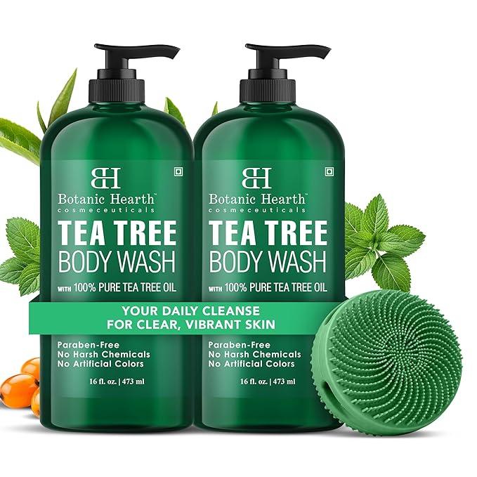 Botanic Hearth Tea Tree Body Wash 2Pack, with Silicone Dual-Sided Design Body Brush & Scrubber | Infused with 100% Pure Tea Tree Oil, Coconut, Jojoba |Foot & Body Cleanser | Paraben Free |16 fl oz