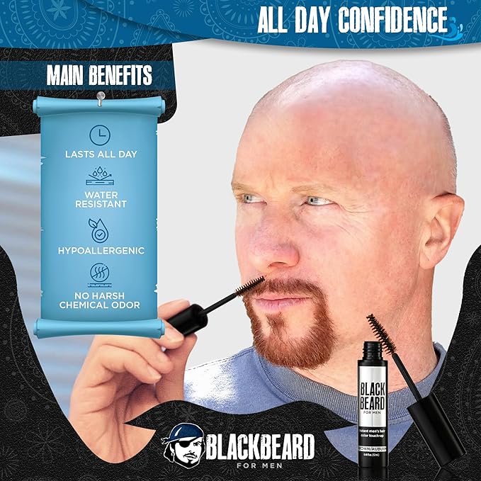 Blackbeard for Men Beard Color – 1-Day Beard, Mustache, Eyebrow, Sideburns Color – Temporary Facial Hair Tint - Hypoallergenic Beard Dye Alternative – Up to 45 applications – Brown/Auburn, 3 Pack