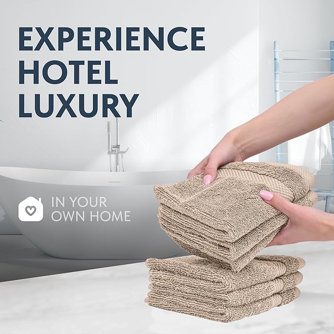White Classic Luxury Cotton Washcloths 13x13 Inch - 650 GSM Turkish Cotton | Hotel, Spa, Bathroom Face Towel | 12 Pack, Taupe
