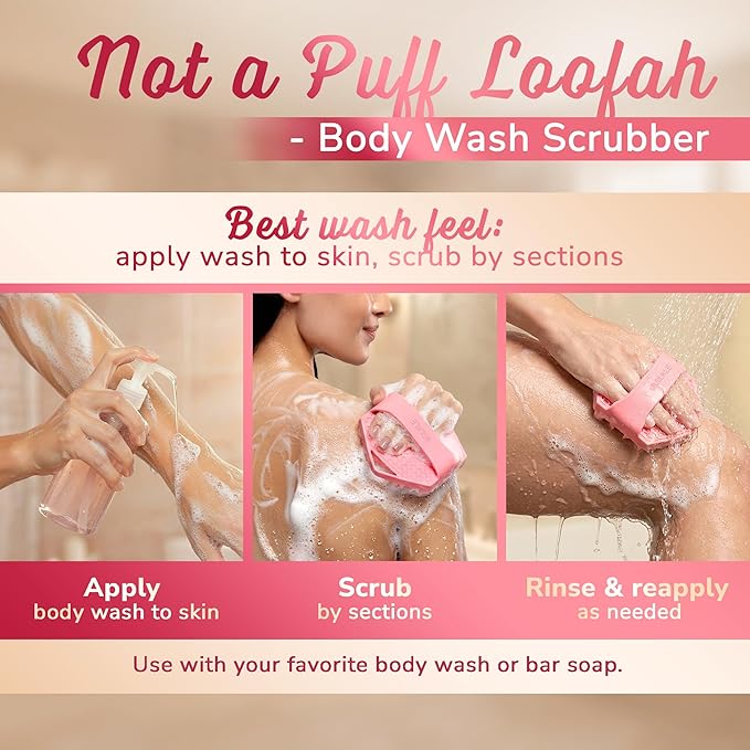 Silicone Body Scrubber – Gentle Exfoliating Shower Scrubber for Body & Bath, Silicone Shower Brush & Loofah Alternative – Non-Slip Silicone Body Brush, Quick Dry, Hygienic - Pink