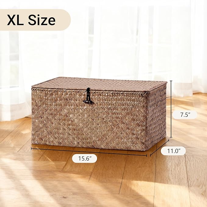 Nonam Seagrass Storage Large Basket with Lid,Wicker Basket Storage Bin with Lid for Shelves,Boho Decor,Handwoven Shelf Basket for Organizing-Storage Container Box for Home Organization-Coffee
