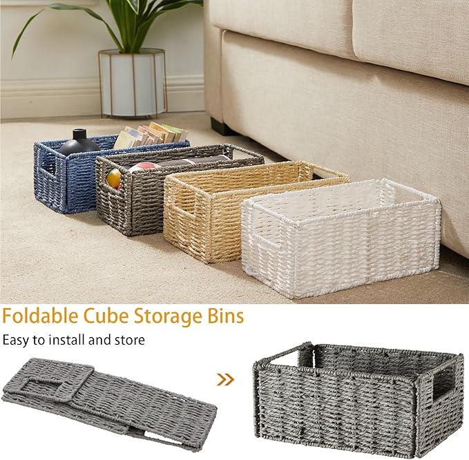 Vagusicc Wicker Storage Basket, Set of 2 Hand-Woven Paper Rope Wicker Basket, Small Storage Baskets for Organizing Toilet Paper Basket, Foldable Large Cube Storage Organizer Bins for Shelves (Blue)