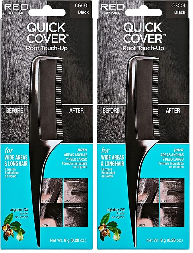 RED by Kiss Quick Cover Root Touch Up Comb Type Water-Resistant Temporary Gray Concealer Cover Up Brush for Hair and Beard (Black) (Pack of 2)