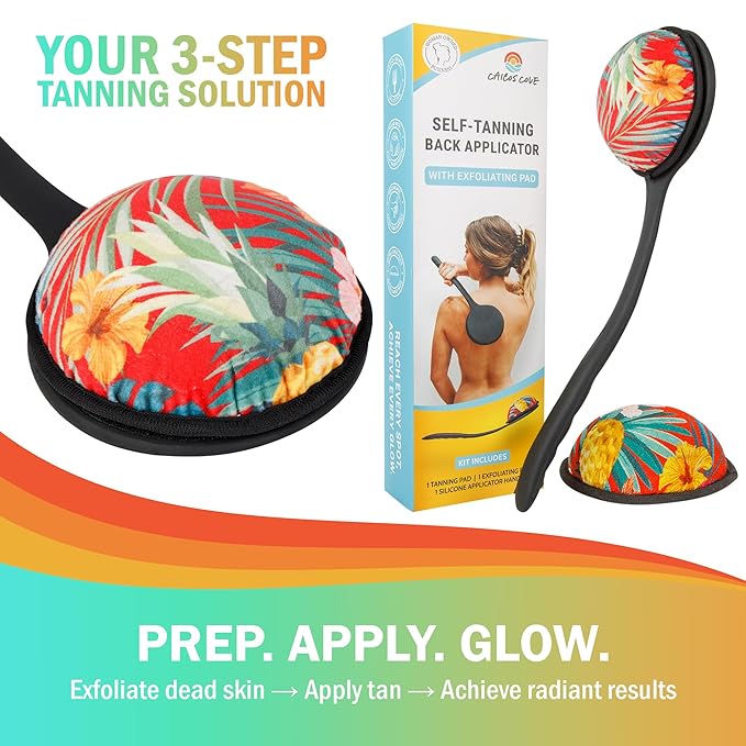 Self Tanning Lotion Applicator for Back – 17" Ergonomic Silicone Handle for Hard-to-Reach Areas – Self Tanner Back Applicator Pad + Exfoliating Pad for Smooth, Even Application