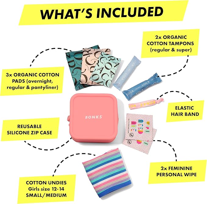 BONKS GoGo Kit - First Period Kit - Tween Period Starter Kit - Emergency Kit for Girls - Essential Hygiene Kit - Includes Pads, Tampons, Underwear & More - S/M (12-14)