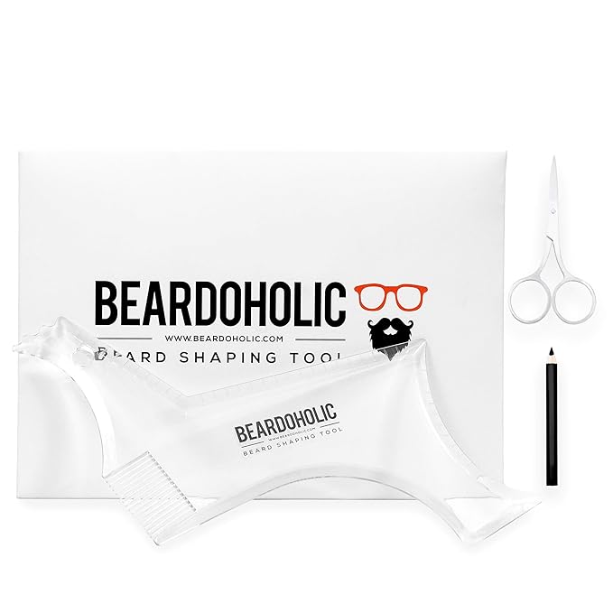 Beardoholic Beard Shaping Tool – 9-in-1 Completely Transparent Design – Achieve Perfectly Precise Lines and Any Beard Shape – Lineup Pencil, Built-In Comb and Trimming Scissors for Maximum Accuracy