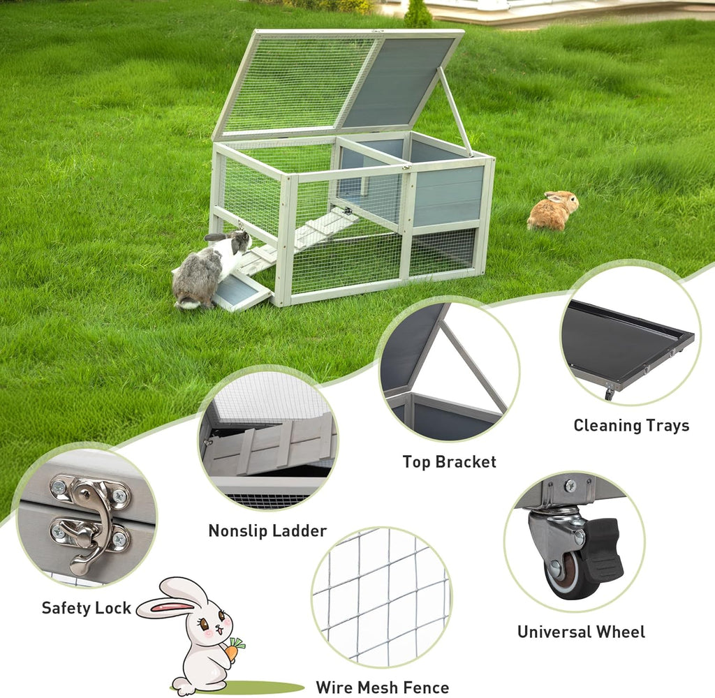 COZIWOW Wooden 36Inches Rabbit Hutch Outdoor with Wheels Bunny Cage Indoor Rabbit Cage with Clean Tray, Openable Roof, Anti-Slip Ramp for Small Bunny (Grey with Pattern)