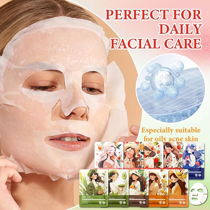 10 Pack Variety Facial Sheet Masks Skin Care Set, Hydrating Bulk Sheet Face Masks Skincare Gifts Set for Women Men, Long Lasting Moisturizing Face Mask Skincare for All Skin Type（02