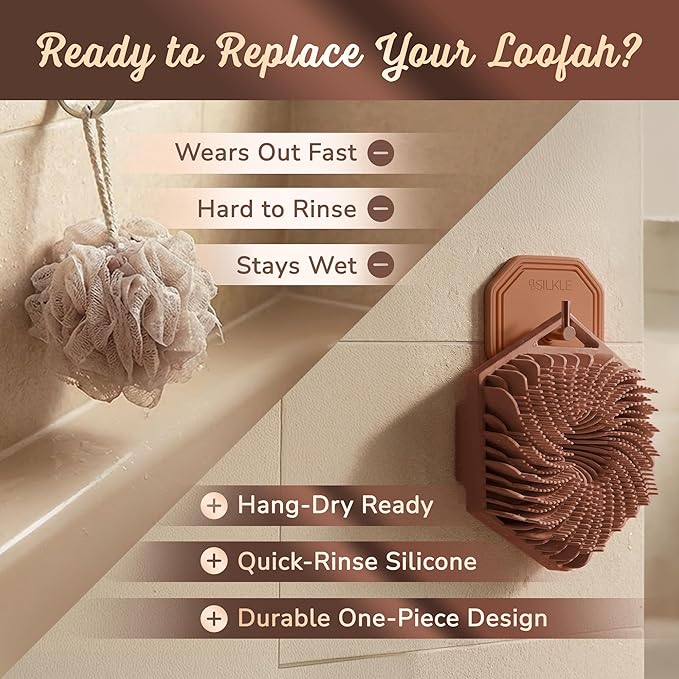 Silicone Body Scrubber – Gentle Exfoliating Shower Scrubber for Body & Bath, Silicone Shower Brush & Loofah Alternative – Non-Slip Silicone Body Brush, Quick Dry, Hygienic - Brown