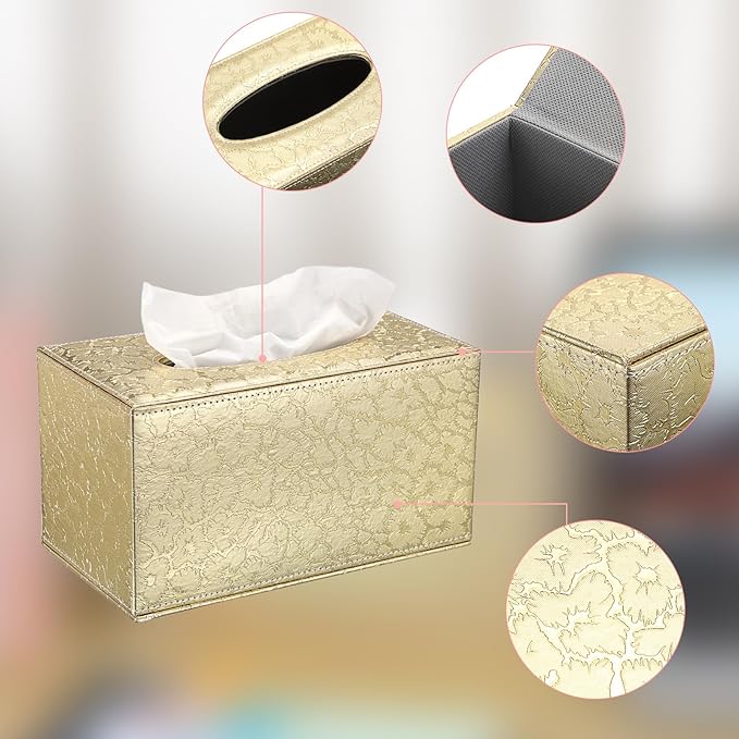 Sumnacon Tissue Box Cover Rectangle Leather Tissue Box with Magnetic Bottom,PU Cube Tissue Box Holder Decorative Gold Tissue Cover for Bathroom Toilet Bedroom Kitchen Office Table Desk Office,Large