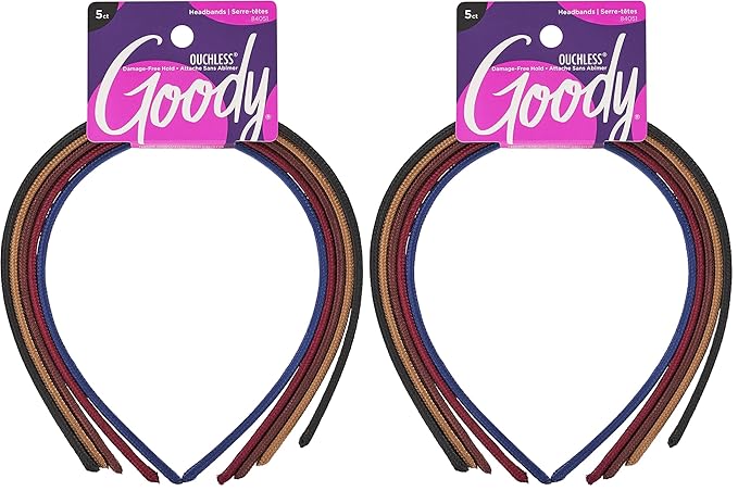 GOODY Ouchless Shoestring Headbands, 5 Ct, Assorted Colors, Stylish & Lightweight Thin, Damage-Free Fabric Headbands for Women & Men, All-Day Comfort, For All Occasions, All Hair Types (Pack of 2)