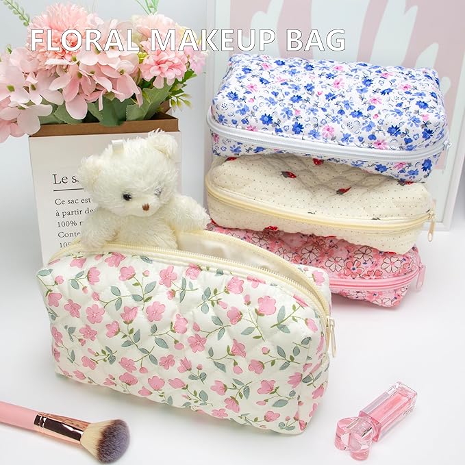 PAZIMIIK 2PCS SET Vintage Quilted Makeup Bag Cosmetic Pouch for Brushes Pencils and Travel Make Up Accessories for Women and Girls Flower White