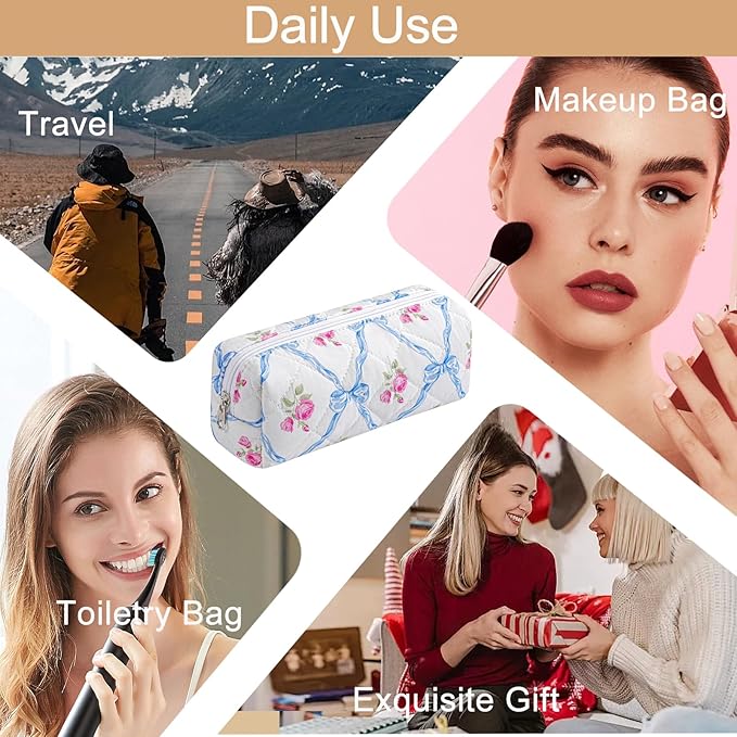 Cute Floral Cotton Makeup Brush Cosmetic Bag for Women, Travel Quilted Zipper Make Up Bag, Flowers Toiletry Organizer Case Kawaii Makeup Cosmetic Travel Cloth Pouch (Blue Bowknot)