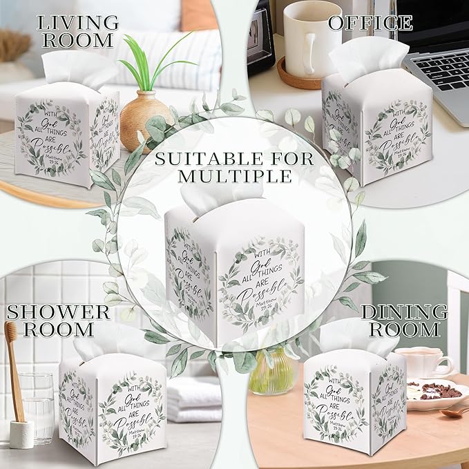 Eucalyptus Bible Verse Tissue Box Cover, PU Leather Drawstring Bottom - God Bible Verse, Eucalyptus Wildflower Decor, Thank You, Farewell, for Friends, Colleagues, Christians | Decorative Organizer