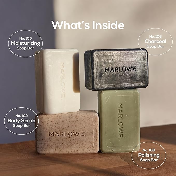 MARLOWE. Soap Discovery Gift Set, Mens Skin Care Variety Selection of Exfoliating Body Scrub, Charcoal, Moisturizing & Polishing Body Bar Soaps for Men, 4 Pack