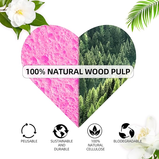 Women 60-Count Compressed Cellulose Heart Shape Face Facial Sponges 100% Natural Cosmetic Sponges for Facial Cleansing Exfoliating Mask Skin Massage (Pink)