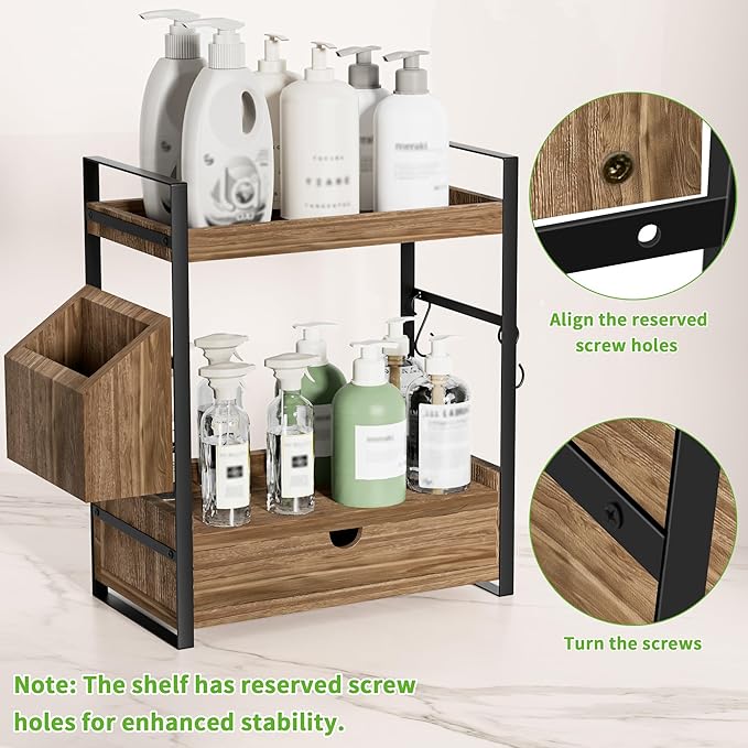 Kottwca Bathroom Counter Organizer with Drawer, 2-Tier Wood Countertop Organizer for Storage, Vanity Skincare Organizers, Bathroom Sink Shelf for Organization(Dark Brown)