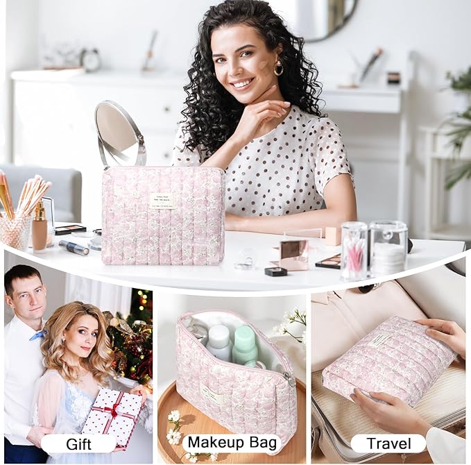 2PC Makeup Bag Set, Cute Cosmetic Bag for Women Girls, Floral Coquette Aesthetic Toiletry Bag, Travel Make Up Organizer Bag (Pink Flower)