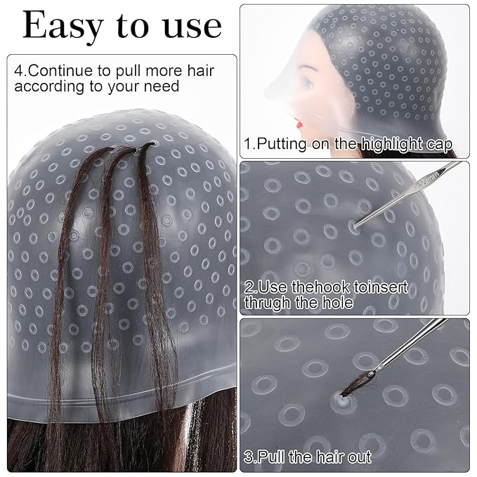 Silicone Highlighting Hair Caps with Pre-Cut Holes, Reusable Hair Dye Caps for Professional and DIY Hair Coloring, Includes Hook Needle, Salon Hairdressing Dyeing Staining Tools for Women Men (White)