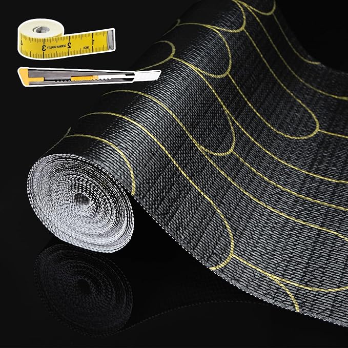 Shelf Liners for Kitchen Cabinets Drawer Liner 17.5in x 20FT Non Adhesive Black Gold Line Thickened Refrigerator Shelf Liner Paper Strong Easy to Clean for Tool Box with Knife and Tape Measure