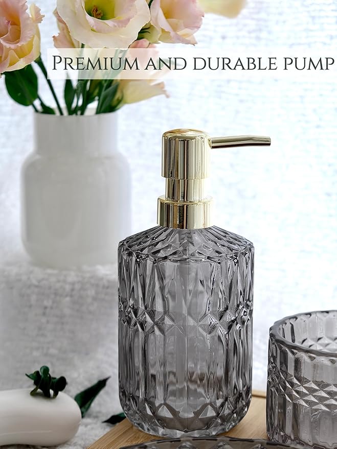 Gray Bathroom Accessories Set, 5Pcs Clear Glass Bathroom Sets, Soap Dispenser, Soap Dish, Toothbrush Holder Set, Cotton Swab Jar, Black and Gold Accent for Vintage Bathroom Decor, Gift Set