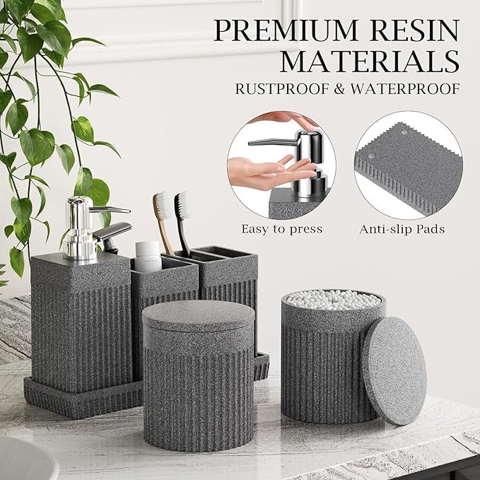 6-Piece Bathroom Set Grey - Stone Textured Resin Bathroom Organizer with Soap Dispenser, Toothbrush Holder, Vanity Tray, Tumbler & Cotton Swab Jars for Small Spaces