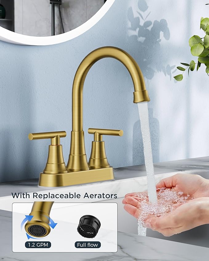 FORIOUS Brushed Gold Centerset Bathroom Faucets for Sink 2 or 3 Hole, 4 Inch Bathroom Sink Faucet with Pop up Drain and Lead-Free cUPC Hose, 360° spout, Two Handles for Restroom,Vanity, RV Remodel