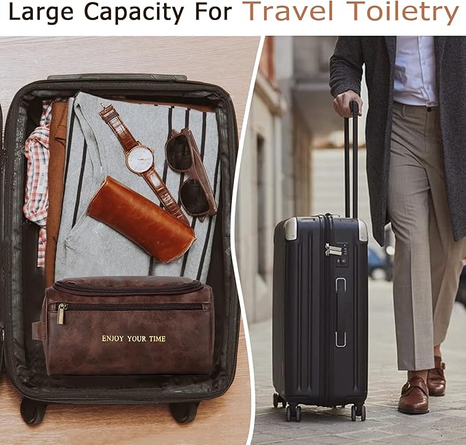 Flycalf Mens Toiletry Travel Bag Customized Mens Leather Toiletries Grooming Bag for Men Shaving Bag Hanging Water Resistant Organizer (Brown- Enjoy Your Time)
