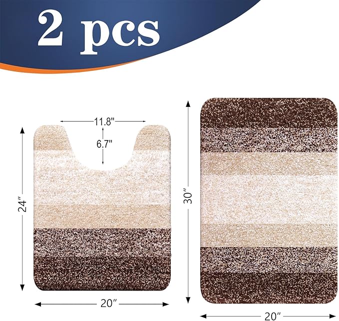 OLANLY Bathroom Rug Set 2 Piece, Soft Absorbent Microfiber Bath Mats and U-Shaped Contour Toilet Rug, Non-Slip, Machine Wash Dry, Plush Shaggy Bath Mats for Bathroom (30"x20"+24"x20", Brown)