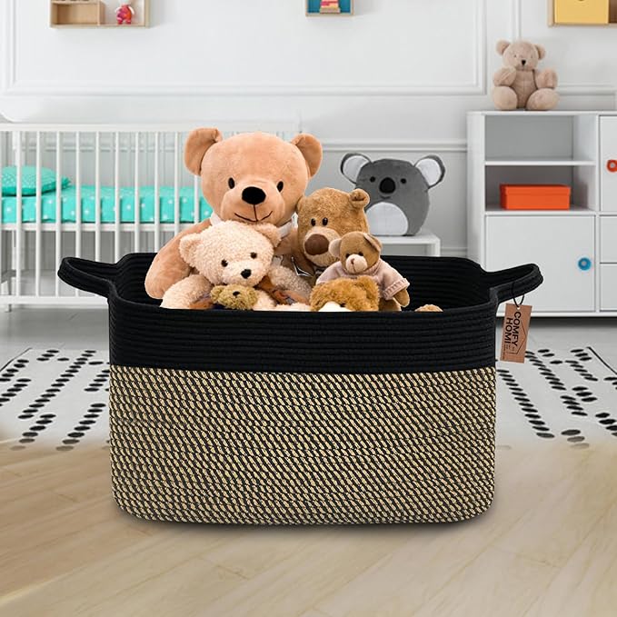 COMFY-HOMI Large Rectangular Blanket , Cotton Rope Woven for Storage, LaundryHamper, Storage ,Toy Organizing Bin with Handle, Organizer and Storage-22x15x12-Black/Jute