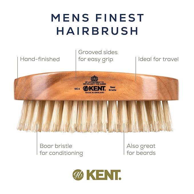 Kent MC4 Men's Hair and Beard Brush Kit: Exfoliating Natural Boar Bristle Hair Brush, Cherrywood Base with Firm Bristles for Coarse Hair Types - LPC3 Brush Cleaner - Premium Grooming Set