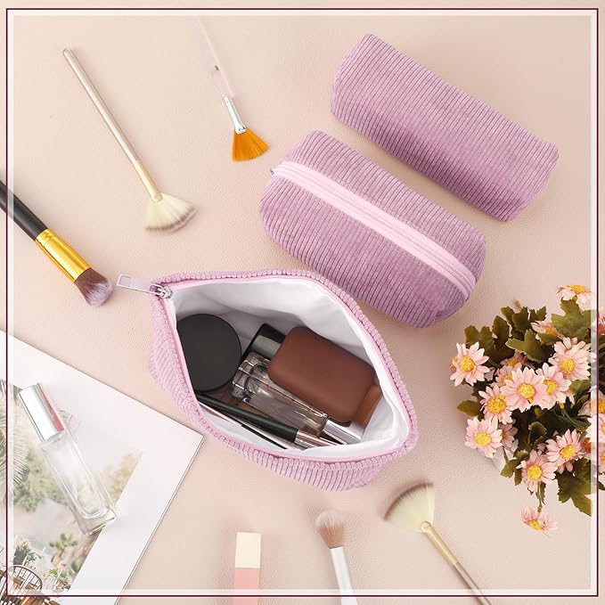 3 Pcs Makeup Bag Set for Women Corduroy Cosmetic Pouch Aesthetic Smile Travel Toiletry Bag Cute Purse Pouch Pencil Case Makeup Brushes Storage Organizer with Zipper(Rose Pink,Solid Style)