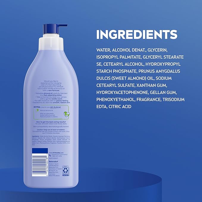 NIVEA Oil Infused Vanilla and Almond Oil Body Lotion for Women,Fast-Absorbing and Non-Greasy Vanilla Scented Lotion Moisturizes for 48 Hours,16.9 Fl Oz Pump Bottle,(Pack of 6)