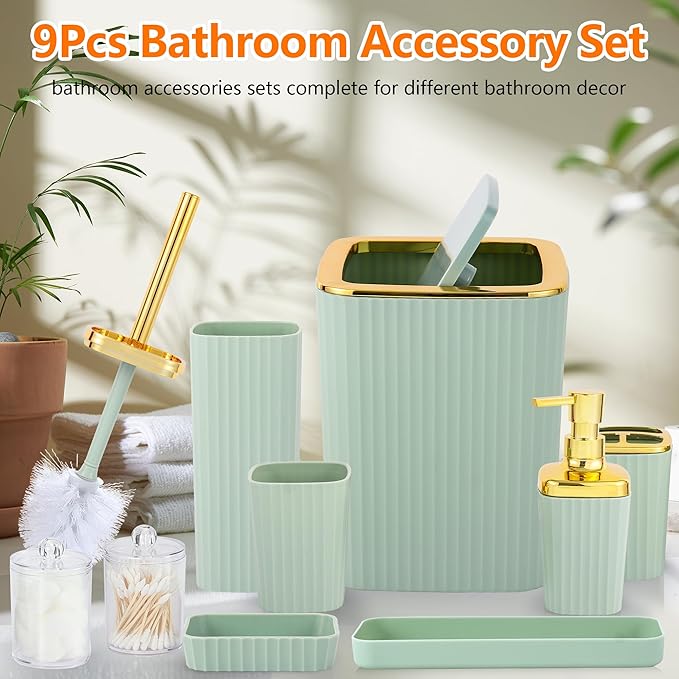 Bathroom Accessory Set,9 Pieces Light Green Bathroom Accessories Set with Trash Can, Toothbrush Holder, Soap Dispenser, Toothbrush Cup, Vanity Tray, Soap Dish, Toilet Brush, Qtip Holder