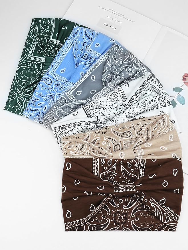 Wide Headbands for Women Knotted No Slip Head Bands Soft Turban Headband Hair Accessories Boho African Solid Color Head Wraps for Women Yoga Workout Pack of 6 (Nature)