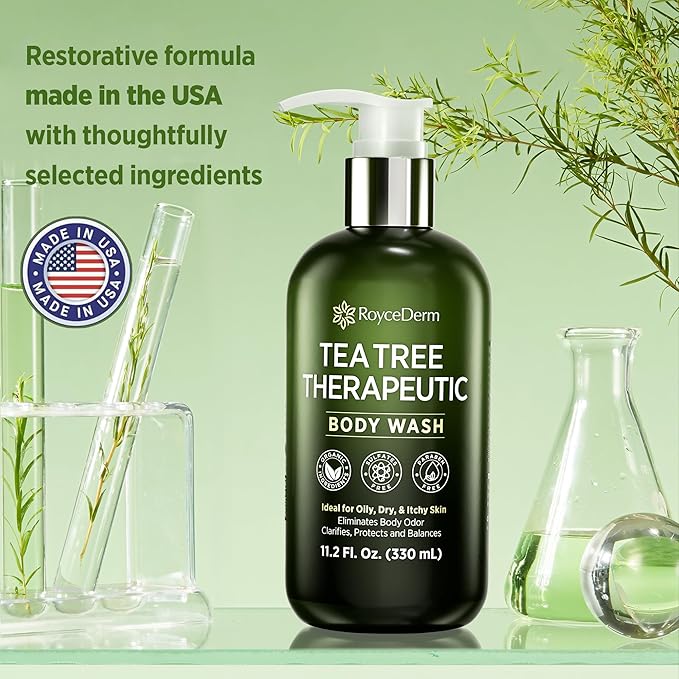 Roycederm Tea Tree Therapeutic Body Wash & Soap – Antibacterial Body Wash Odor Control Cleanser for Oily, Dry & Itchy Skin – Made in USA, 11.8 fl oz