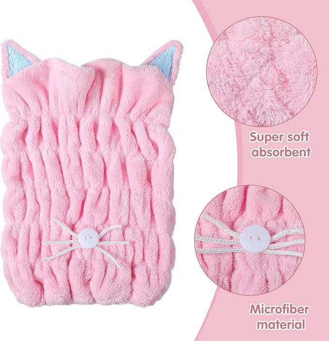 2Pcs Microfiber Hair Towel Wrap, Microfiber Hair Drying Towel Wraps with Cute Kitty Ears, Hairs Drying Caps, Ultra Absorbent Quick-Dry Turban Caps for Women & Girls (Pink & Blue 10.6" L x 9" W)